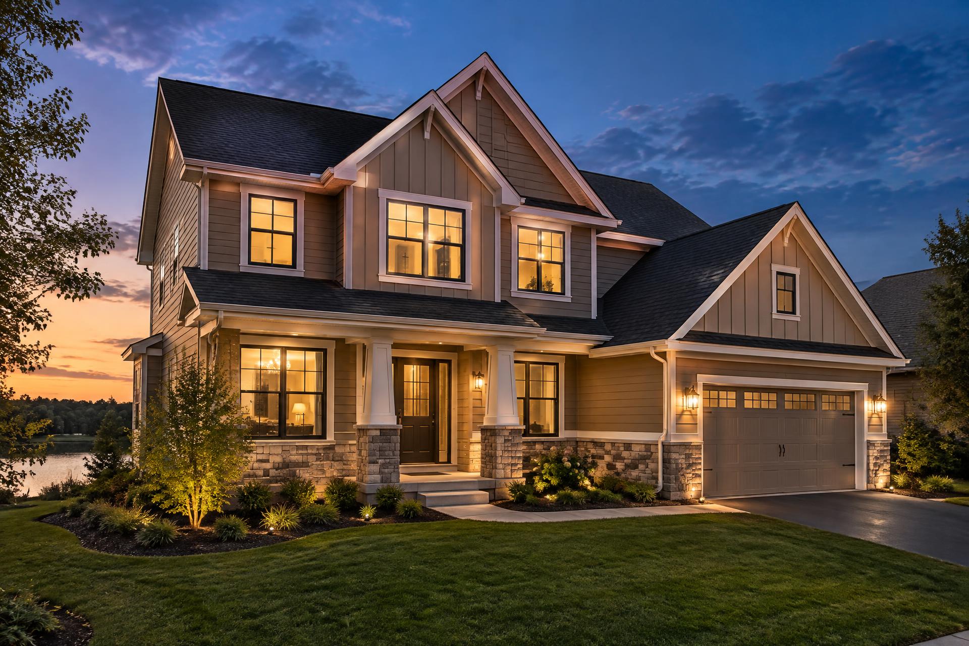 Two-story Minnesota home with a new architectural shingle roof and engineered wood siding at dusk