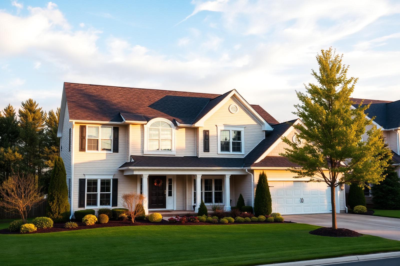 Suburban home with a brand new architectural shingle roof at golden hour