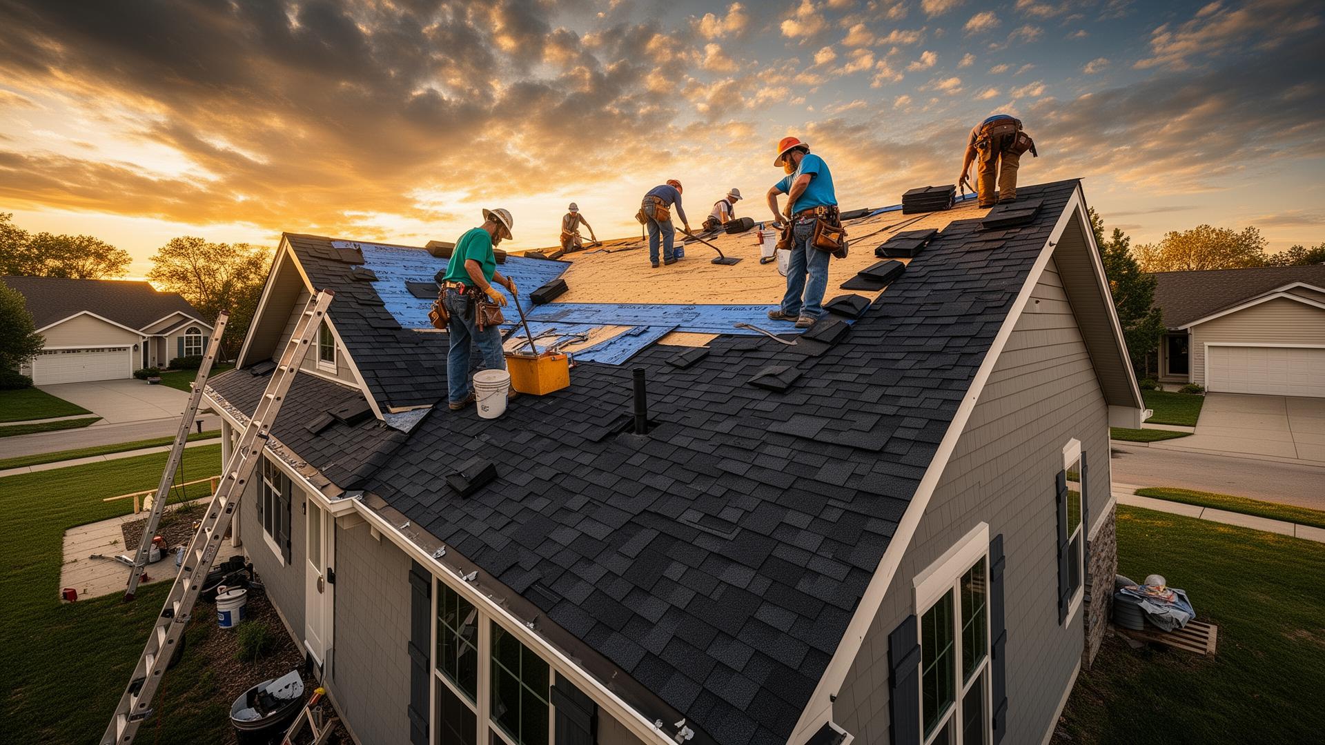Suburban home with a brand new architectural shingle roof at golden hour