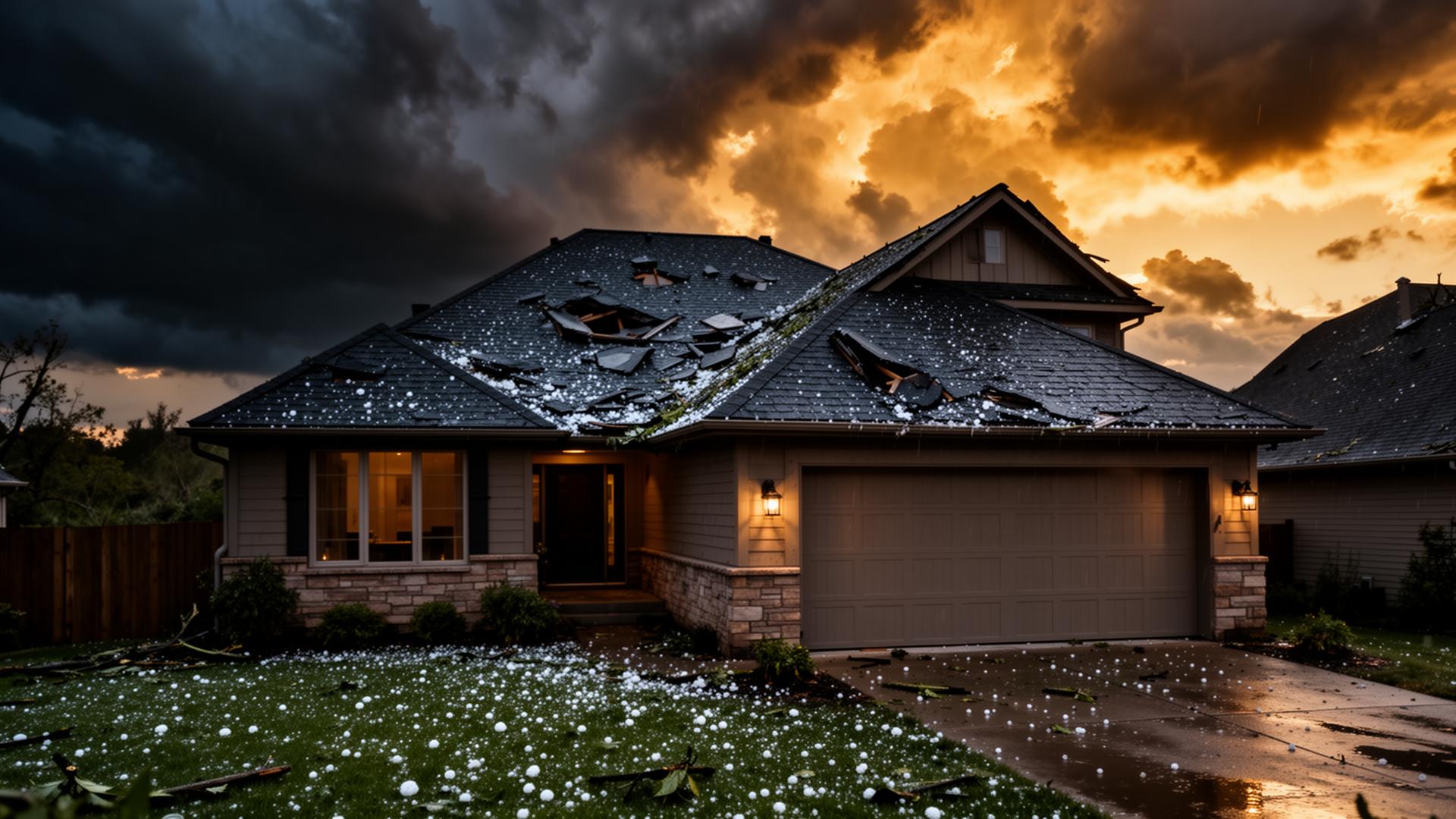 Minnesota home with hail and storm damage at dusk